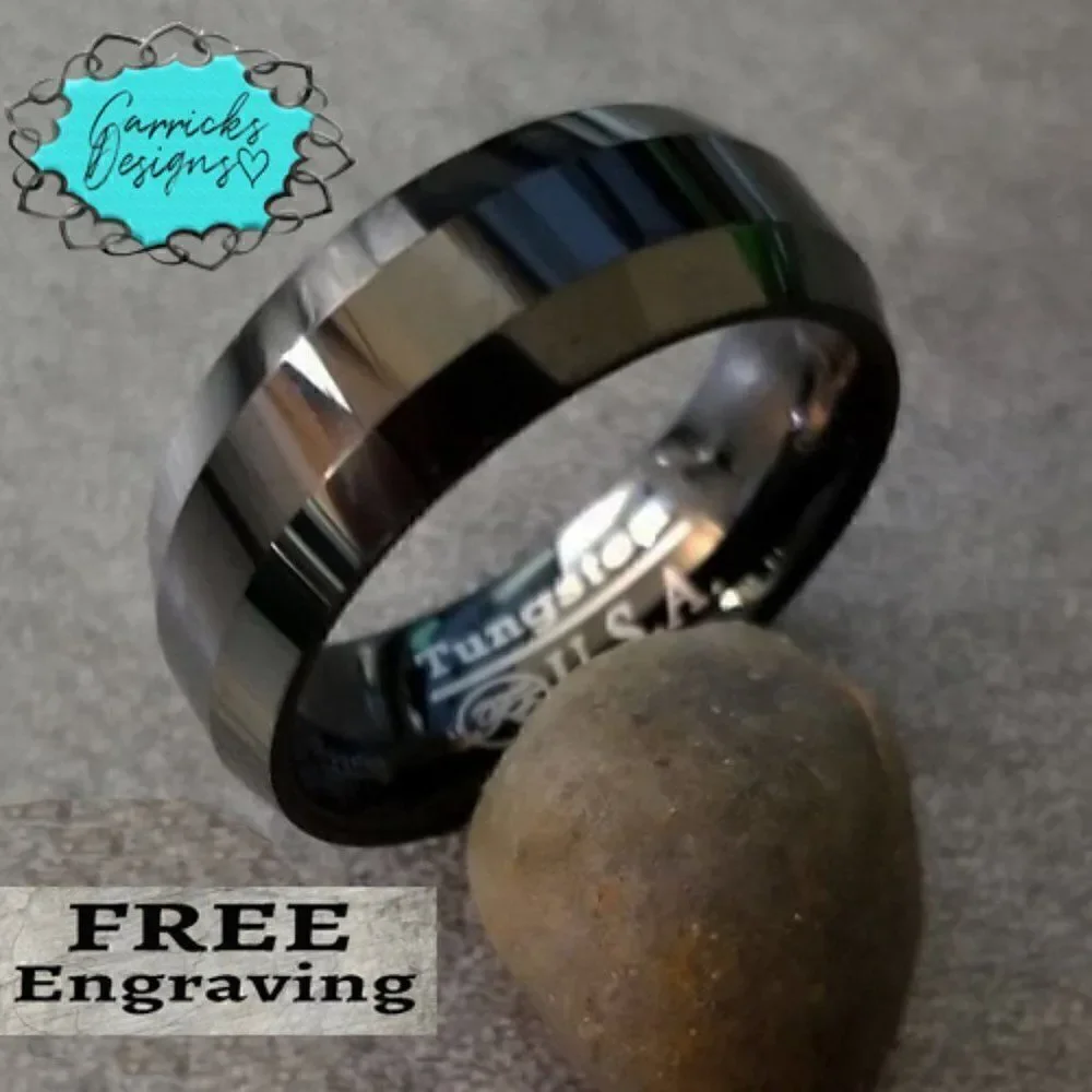 Personalized Men's Real Black Tungsten Wedding Ring - Step edges